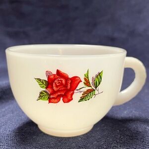 Vintage Federal Milk Glass ROSECREST  Red Rose Design Tea Cups 4 Available